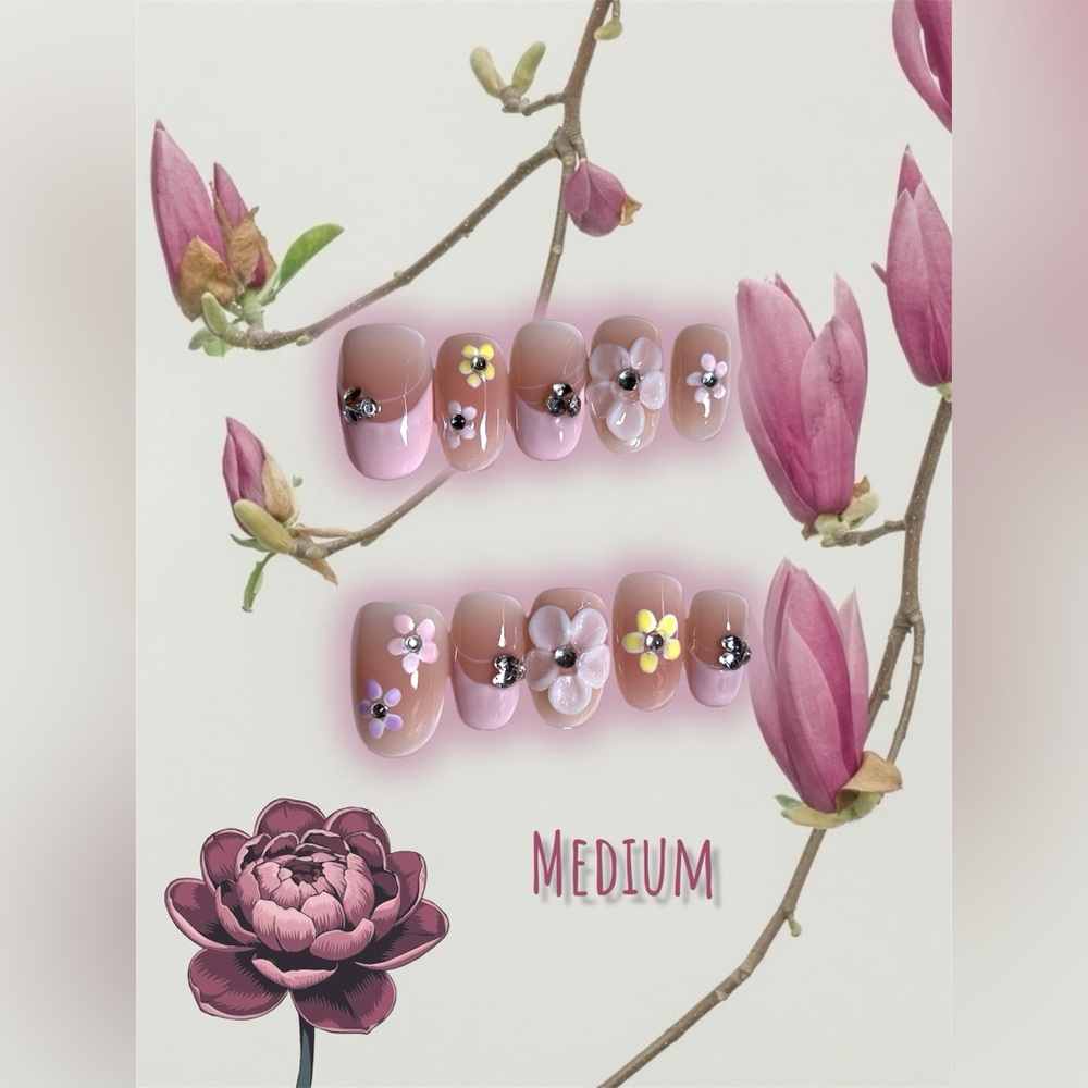 3D Daisy Blossom Press On Nails | Nude Pink Floral Set (Medium)